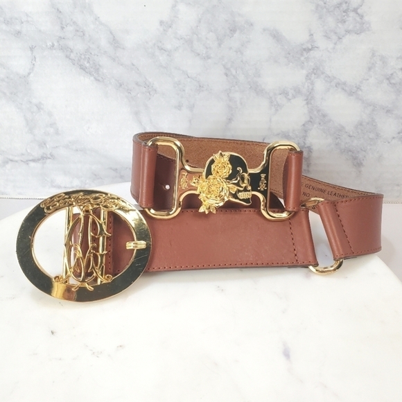 Christian Audigier Small Brown Leather Belt Skulls Roses Gold Halloween 90s Rare main image 10